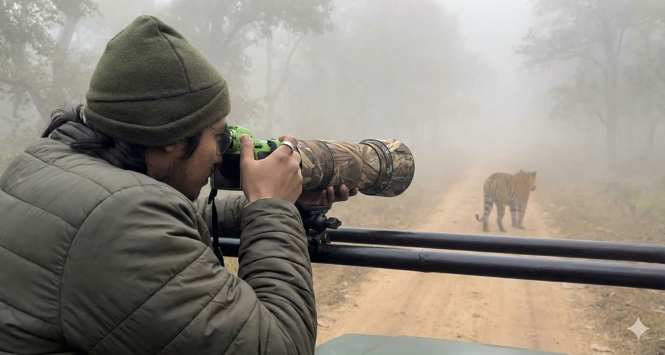 Wildlife photographer on safari Gypsy framing Bengal tiger in morning mist